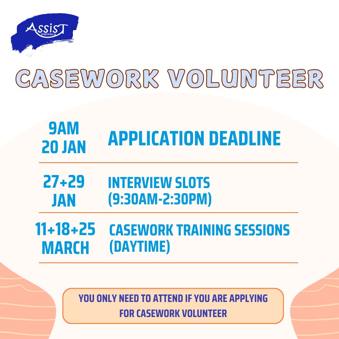 We are recruiting for a range of volunteer roles!

Head to our website for more information: assistsheffield.org.uk/content/volunt… 

Deadline to apply 9am Monday 20th January