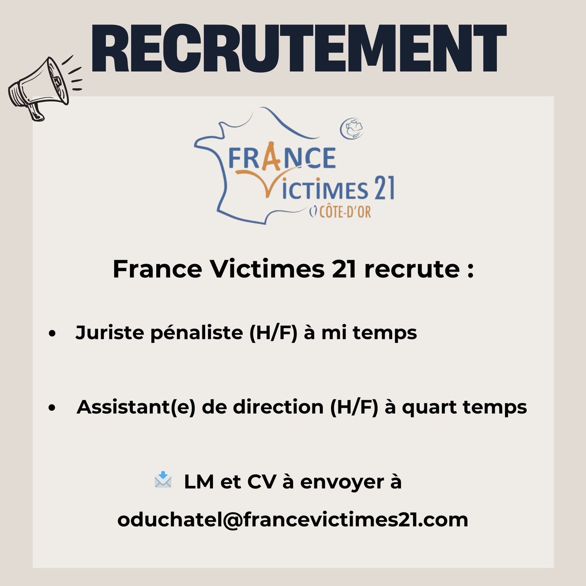 🚨 France Victimes 21 recrute ! 📝

FV 21 recherche deux nouveaux profils pour compléter son équipe !