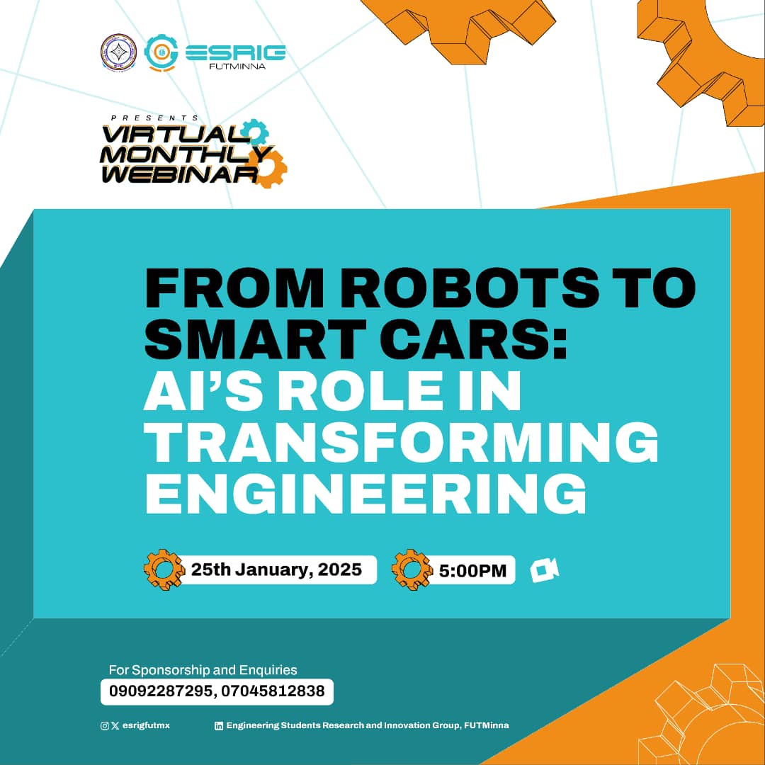 Esrigfutmx's tweet photo. 🚨 Big News! 🚨
We’re launching ESRIG’s Monthly Webinar Series! 🌟
🎯 From Robots to Smart Cars: AI’s Role in Transforming Engineering
🗓️ 25th January, 2025| ⏰5pm I📍 Google Meet 
Join us to explore how AI is revolutionizing the engineering world!🤖
#Webinar #AI #Robotics #ESRIG https://t.co/GzFL6A4ooR