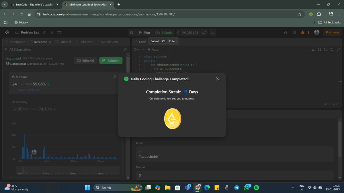Sidhant__Bhat's tweet photo. Day 16:Problem-3223. Minimum Length of String After Operations, App.- 1. video will be uploaded soon. #100DaysofPOTD #GuruDevsChallenge4 #bkl_coders https://t.co/frRYvq18ei