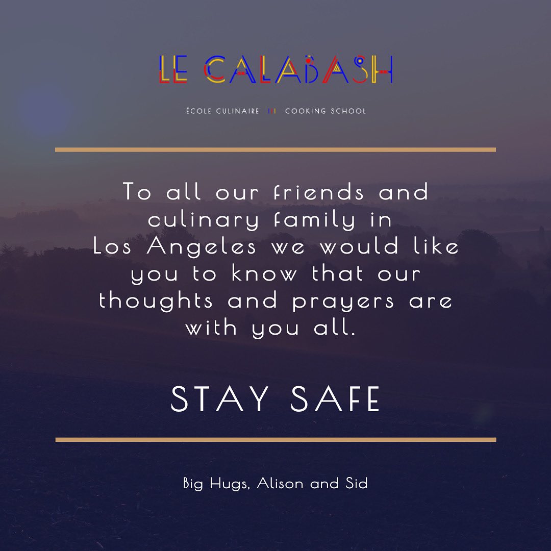 lecalabash's tweet photo. To all our friends and culinary family in and around Los Angeles we would like you to know that our thoughts and prayers are with you all. 

Stay safe. 

Big hugs 
Alison and Sid
🤍 https://t.co/Rv9BNL2sZu