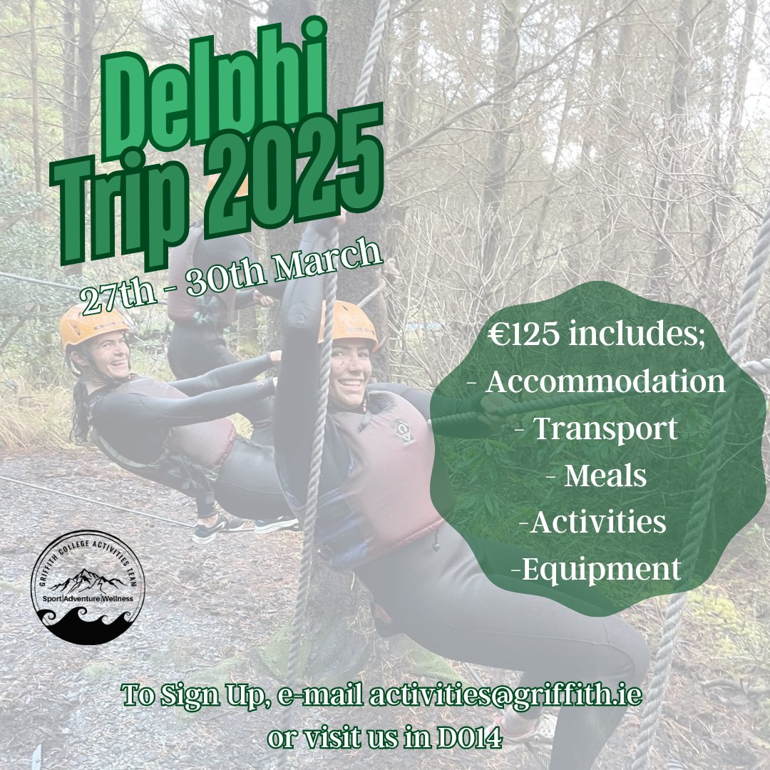 Griffith College Activities Team (@griffactivities) on Twitter photo The Delphi Trip is Back!!
27th - 30th of March 2025, escape the norm and take on some new challenges.
To sign up email activities@griffith.ie or visit us in D014. The Delphi Trip is Back!!
27th - 30th of March 2025, escape the norm and take on some new challenges.
To sign up email activities@griffith.ie or visit us in D014.