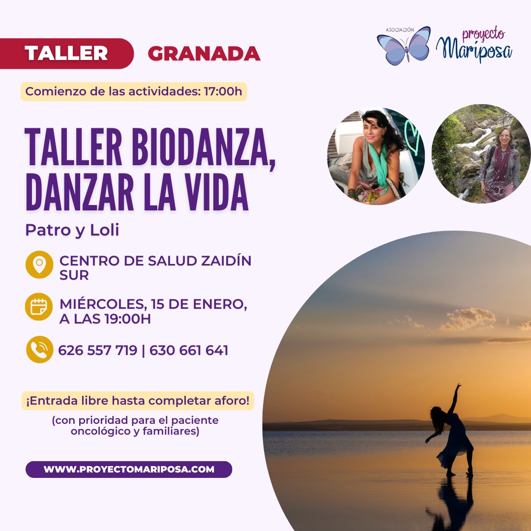 AsocProMariposa's tweet photo. 1/ 🌟 GRANADA:
📌 Taller: Biodanza, danzar la vida
🗓️ Miércoles, 15 de enero
📍 Centro de Salud Zaidín Sur
💃 ¡Con Patro y Loli! Entrada libre (prioridad para pacientes oncológicos y familiares).
#Granada #Biodanza https://t.co/t11F4h7Cbt