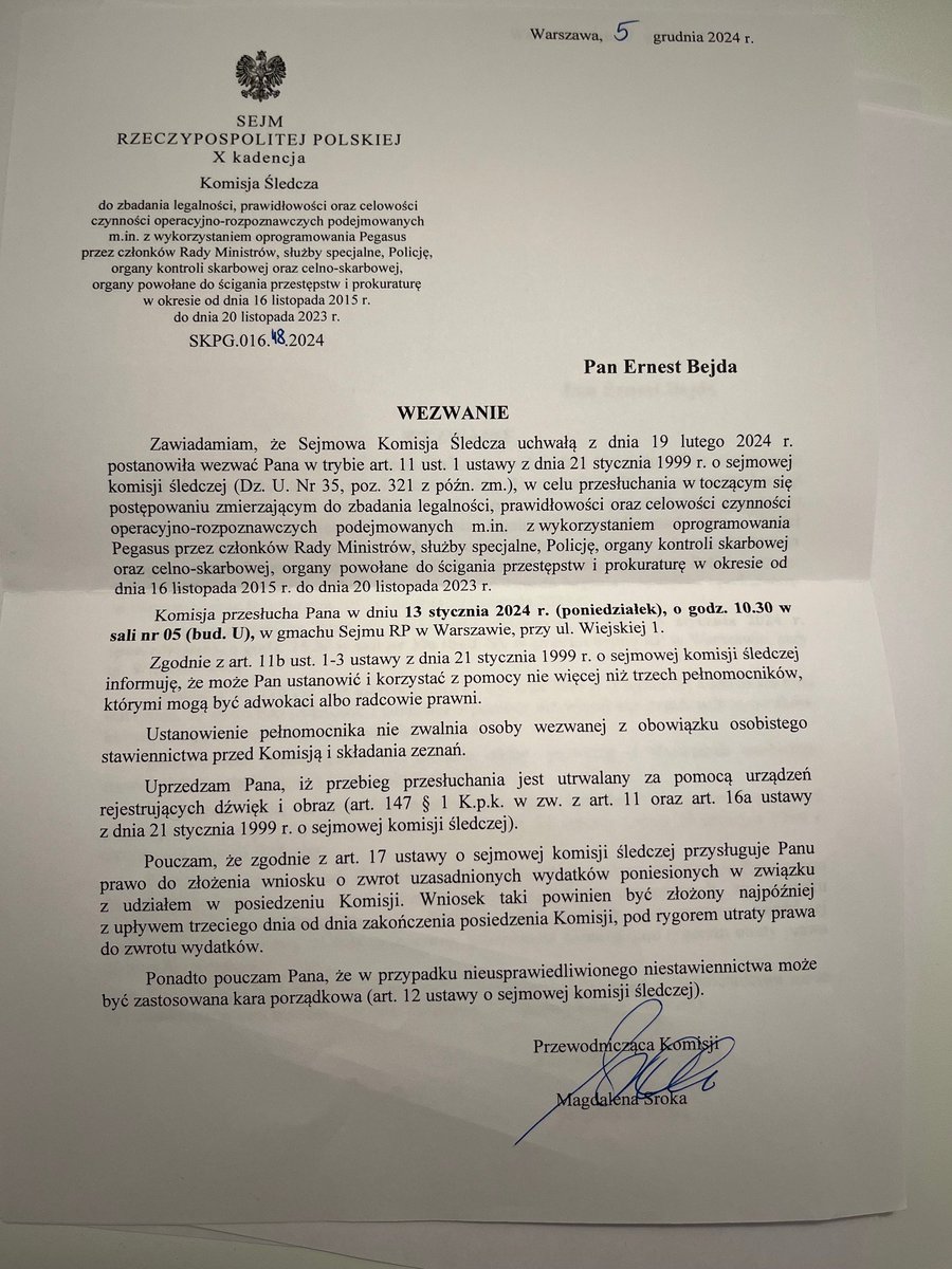 Komisja dodatkowo, chce mnie ukarać za niestawiennictwo na przesłuchanie w dniu dzisiejszym. Tyle tylko, że wezwanie jakie otrzymałem, wskazuje termin przesłuchania w dniu 13 stycznia-ale 2024 r. ! Aby domagać się ukarania kogoś, najpierw trzeba wskazać poprawny termin czynności.