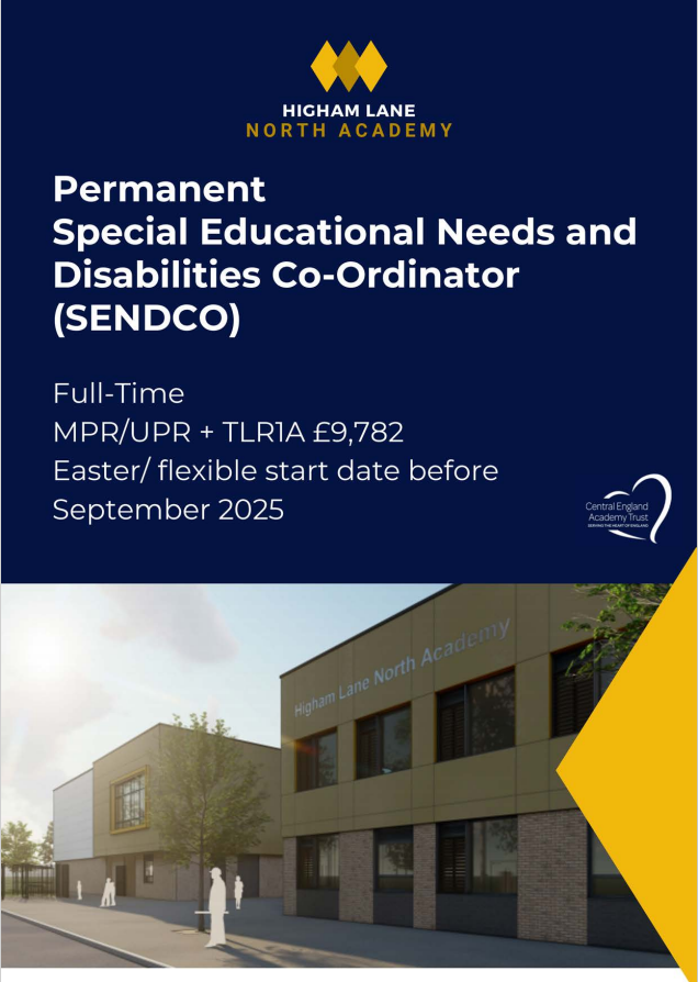CEAT_CEO's tweet photo. Another exciting opportunity to join Central England Academy Trust as the SENDCO of our brand new 11-16 secondary school @HLNAcademy in Nuneaton this Easter.

Find out more in our job information pack at https://t.co/14fmA3lHHh https://t.co/bfWlYusody