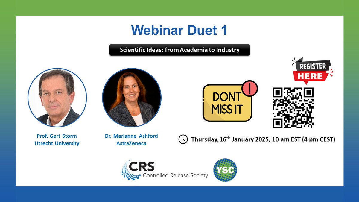 Young Scientist Committee YSC-CRS (@crs_ysc) on Twitter photo 🎉 The first <a href="/CRS_YSC/">Young Scientist Committee YSC-CRS</a> webinar duet is here! Join Professors Gert Storm & <a href="/AshfordFell/">Marianne Ashford</a> for an engaging session. 🗓️ Save the date and register now!
📲 Scan the QR code or click the link to sign up: forms.gle/9sijhA3GS7sE3h…
Don't miss it! 🌟 🎉 The first <a href="/CRS_YSC/">Young Scientist Committee YSC-CRS</a> webinar duet is here! Join Professors Gert Storm & <a href="/AshfordFell/">Marianne Ashford</a> for an engaging session. 🗓️ Save the date and register now!
📲 Scan the QR code or click the link to sign up: forms.gle/9sijhA3GS7sE3h…
Don't miss it! 🌟