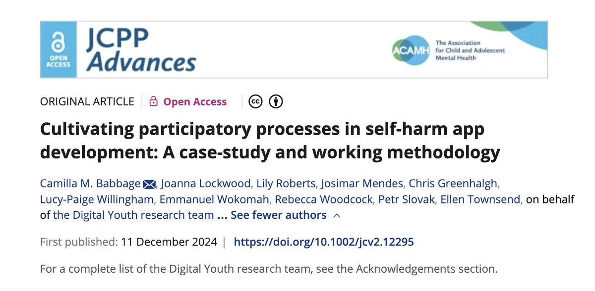 Professor Ellen Townsend (@selfharmres) on Twitter photo NEW PAPER - of interest to anyone contemplating/using participatory approaches in self-harm research. Brilliant work <a href="/jolealockwood/">Jo Lockwood</a> <a href="/CBabbage_/">Camilla Babbage</a> acamh.onlinelibrary.wiley.com/doi/10.1002/jc… NEW PAPER - of interest to anyone contemplating/using participatory approaches in self-harm research. Brilliant work <a href="/jolealockwood/">Jo Lockwood</a> <a href="/CBabbage_/">Camilla Babbage</a> acamh.onlinelibrary.wiley.com/doi/10.1002/jc…