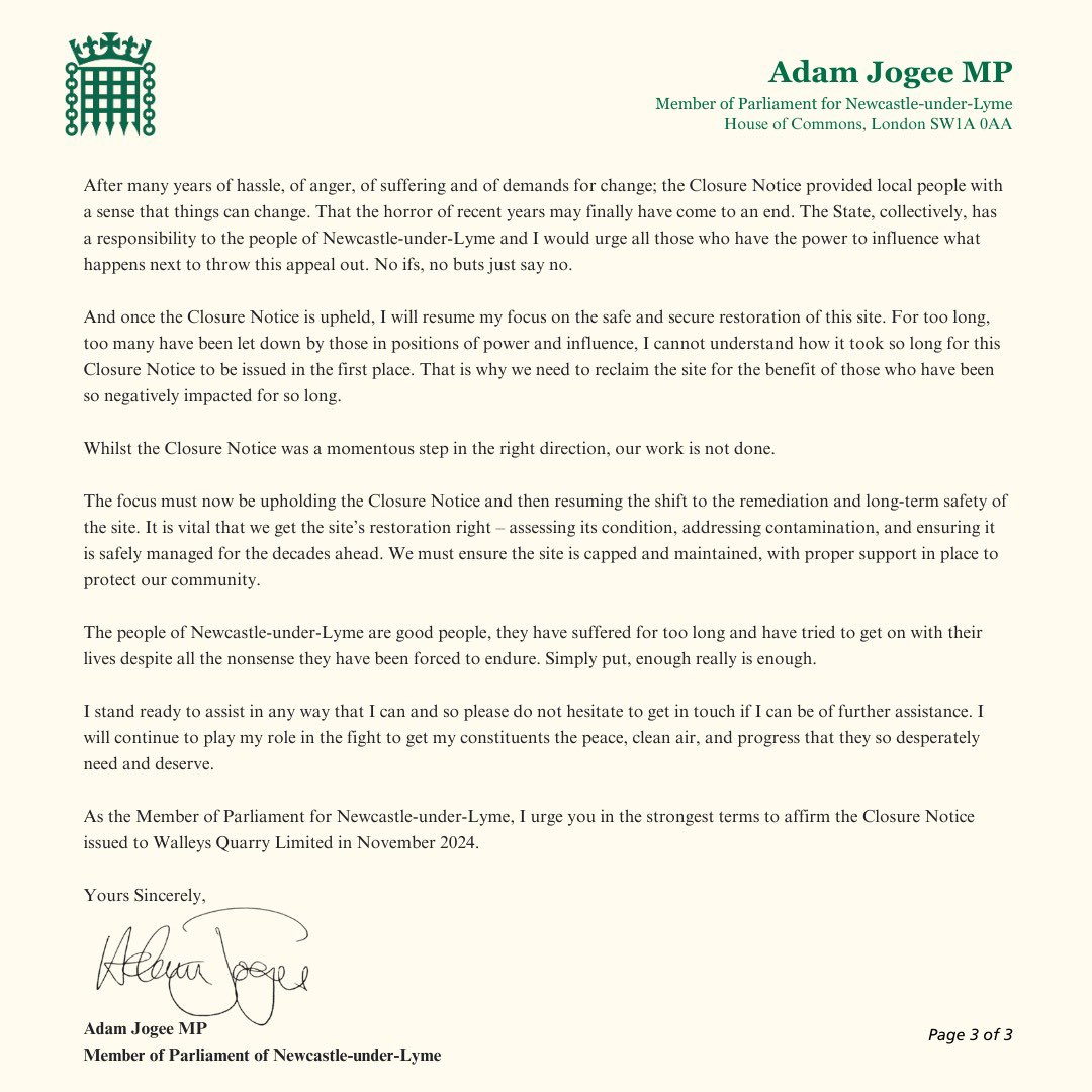 It is beyond comprehension that Walleys Quarry Limited have appealed the Closure Notice issued in Nov 2024. 

Thank you to all local people who have share their submissions to the Planning Inspectorate with me in recent days. 

You can see my statement below.. #LoveNuL 🌹🇬🇧