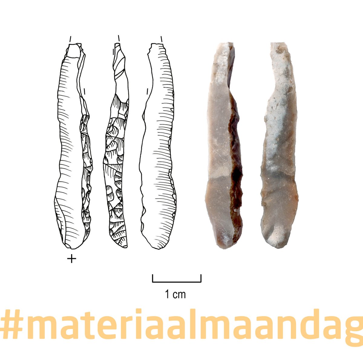 RAAPerfgoed's tweet photo. Deze #materiaalmaandag een mooie pijlpunt van de tekentafel uit het laat-paleolithicum. Gevonden bij onderzoek in Oldambt en hij behoort mogelijk tot de Federmesser-traditie. In Noord-NL zijn ze vrij zeldzaam. De vuurstenen spits (4,2 cm) is vervaardigd van een kling en bevat steile retouche aan de rug. In de loop van de tijd is hij gedeeltelijk wit gepatineerd en de punt is helaas ☹ afgebroken.
