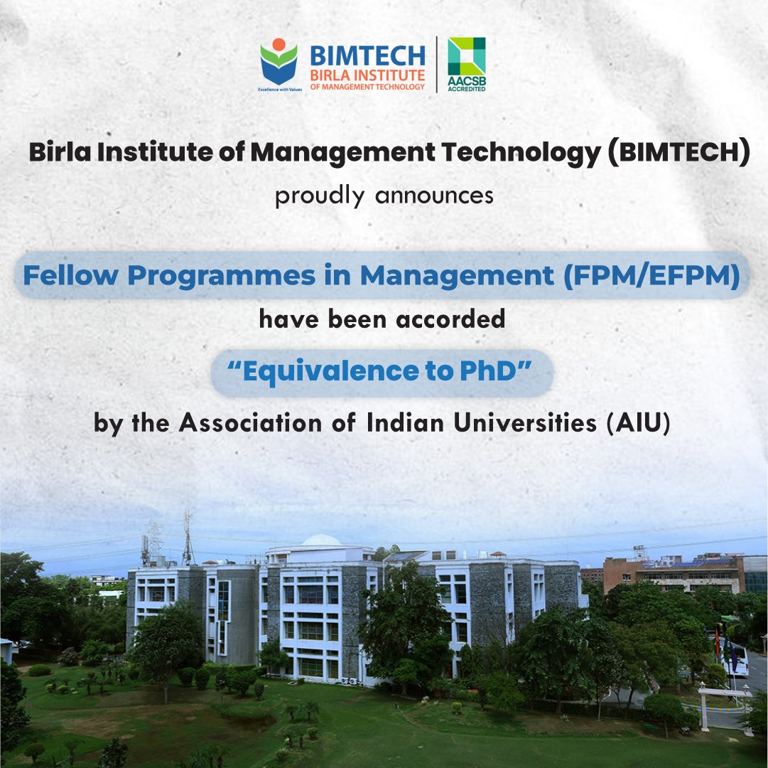 Birla Institute of Management Technology (#BIMTECH)'s FPM/EFPM Programs Now Recognized as #PhD Equivalents by the Association of Indian Universities (AIU).

Ready to embark on your research journey?

Explore our FPM/EFPM programs now: bimtech.ac.in/programs/fello…

#researchgroups #AIU