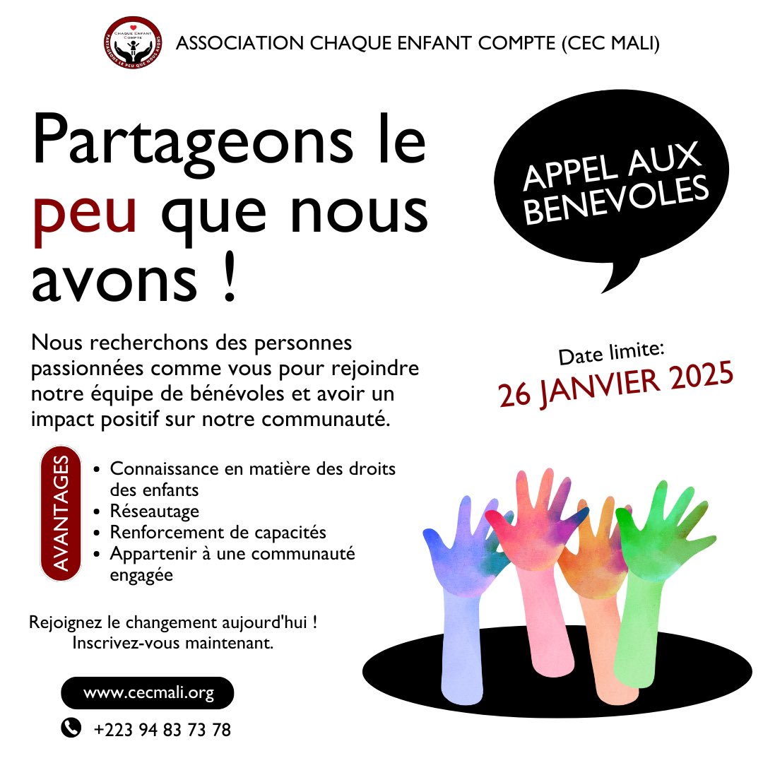 𝐀𝐏𝐏𝐄𝐋 𝐀𝐔𝐗 𝐁𝐄́𝐍𝐄́𝐕𝐎𝐋𝐄𝐒 !!!

L’Association Chaque Enfant Compte (CEC - Mali) lance un 𝐚𝐩𝐩𝐞𝐥 𝐚𝐮𝐱 𝐛𝐞́𝐧𝐞́𝐯𝐨𝐥𝐞𝐬 pour rejoindre sa communauté engagée et passionnée !

Lien d’inscription: cecmali.org/formulaire-de-…

#chaqueenfantcompte #appelauxbenevoles