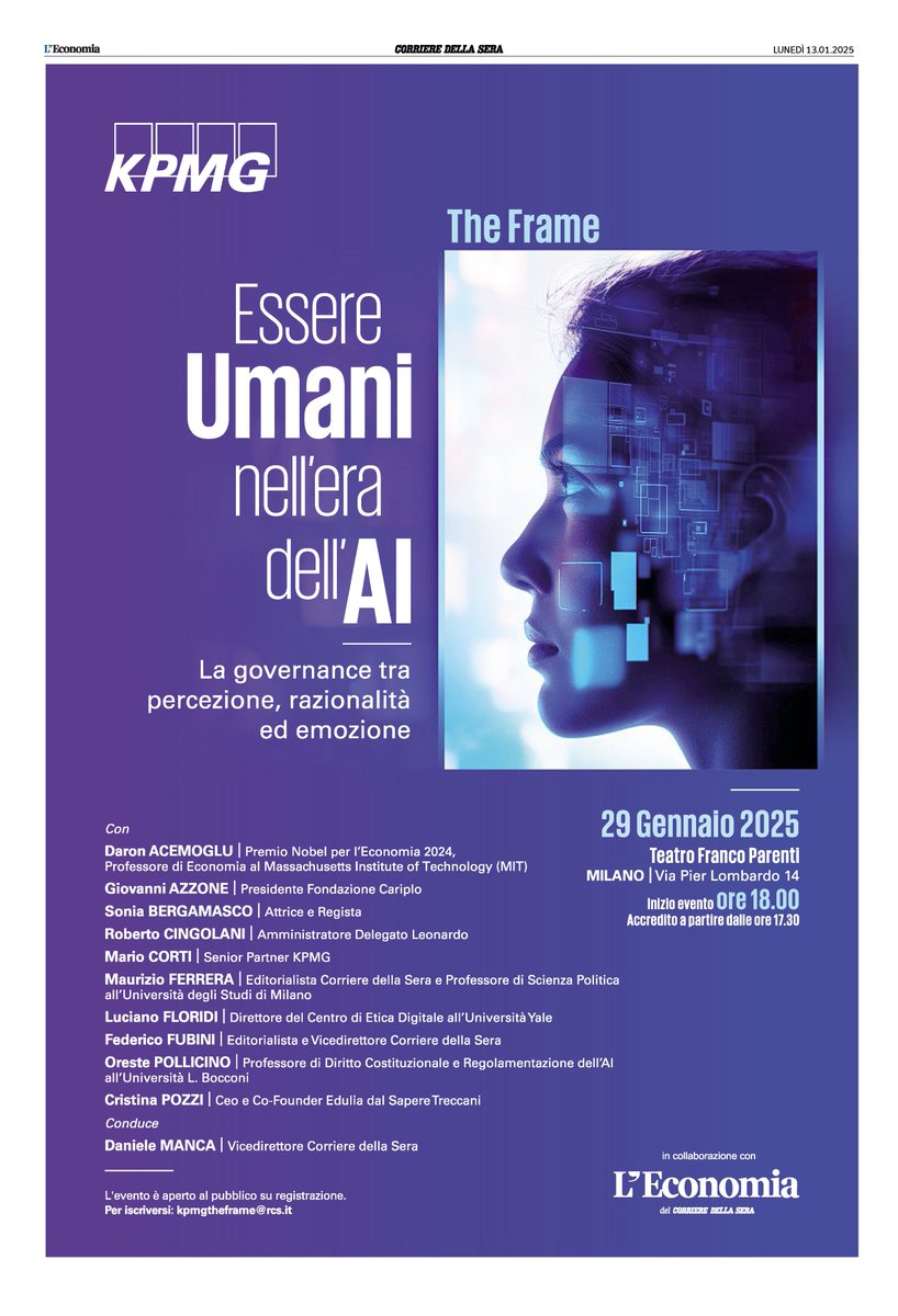 KPMG Italy (@kpmg_italy) on Twitter photo La complessa ed affascinante dinamica tra Sapiens e #IntelligenzaArtificiale è al centro della 5a edizione di 'The Frame', l’evento ideato da KPMG e <a href="/Corriere/">Corriere della Sera</a> della Sera, che punta ad affrontare i temi più controversi dell’innovazione e dell’attualità con lo sguardo di relatori La complessa ed affascinante dinamica tra Sapiens e #IntelligenzaArtificiale è al centro della 5a edizione di 'The Frame', l’evento ideato da KPMG e <a href="/Corriere/">Corriere della Sera</a> della Sera, che punta ad affrontare i temi più controversi dell’innovazione e dell’attualità con lo sguardo di relatori