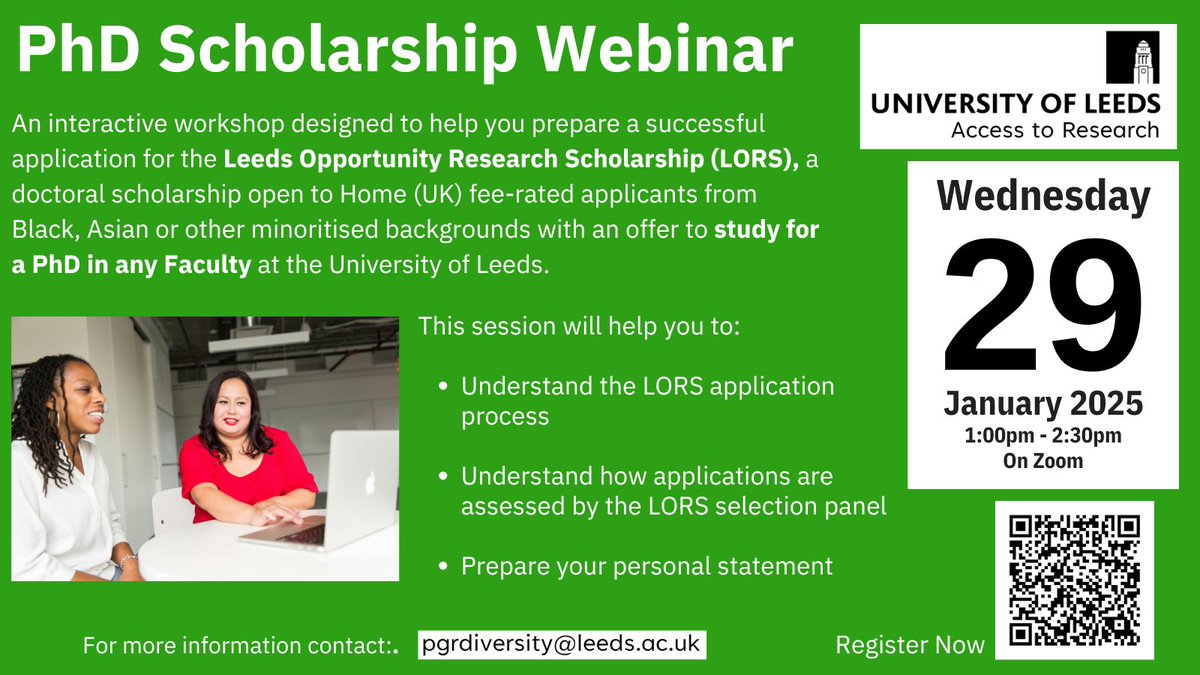 Inclusive Research Network (@ycedenetwork) on Twitter photo Join our partners <a href="/UniversityLeeds/">University of Leeds</a> for a webinar around applying for their Leeds Opportunity Research PhD scholarship.
The LORS is open to Home (UK) fee-rated applicants from Black, Asian or other minoritised backgrounds with an offer to study for a PhD in any Faculty. Join our partners <a href="/UniversityLeeds/">University of Leeds</a> for a webinar around applying for their Leeds Opportunity Research PhD scholarship.
The LORS is open to Home (UK) fee-rated applicants from Black, Asian or other minoritised backgrounds with an offer to study for a PhD in any Faculty.