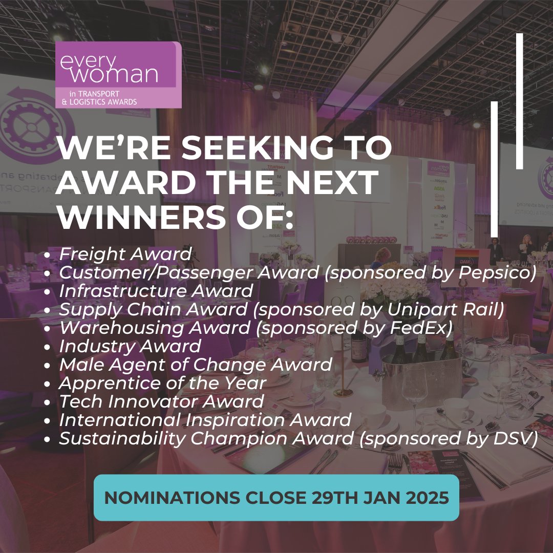 📣 Do you know (or are you) someone inspiring working in Transport and Logistics? Celebrate exceptional talent and honour women's impact in the industry by nominating them for an #everywoman award. 🚚✨ Nominations are open until Jan 27: bit.ly/4g8lghQ #ewTLAwards