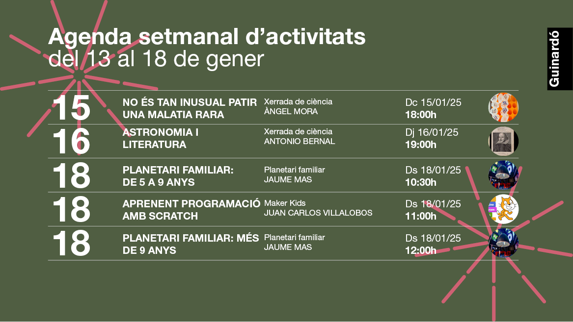 ccguinardo's tweet photo. @parcsandaru @ccgolferichs @Can_Clariana @CCUrgell @fortpienc @VilaUrania @CcivicsBCN @Bcn_SantMarti Programació setmanal al #CCGuinardó:   
🔬 Xerrades de ciència
🪐 Planetari familiar
🎨 Exposicions
👾 Maker Kids 

 ACTIVITATS GRATUÏTES // INSCRIPCIÓ PRÈVIA: https://t.co/LBT2JhaBRy https://t.co/BC98fQIMYv