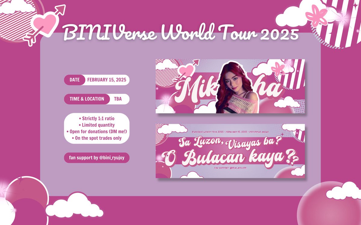 "Sa Luzon, Visayas ba? O Bulacan kaya?" 💘

Mikha fan support by <a href="/bini_ryujoy/">drew ia</a>
— BINIverse World Tour 2025 (Philippines) freebies
— like &amp; rt (show proof on d-day)
— strictly 1:1 (limited qty)
— open for donations (dm me!)
— on the spot trades only (for now)