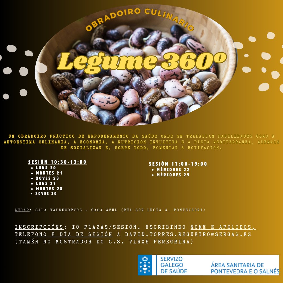 Área Sanitaria de Pontevedra e O Salnés (@ponsalsergas) on Twitter photo 🥄 O nutricionista David Torres do <a href="/SapVPeregrina/">SAP VIRGEN PEREGRINA</a>
impartirá a partir do vindeiro luns 20 un obradoiro culinario práctico en varias sesións sobre a alimentación saudable, afondando nos beneficios dos legumes
📍Lugar: Sala Valdecorvos da Casa Azul (Rúa Sor Lucía, 4 Pontevedra) 🥄 O nutricionista David Torres do <a href="/SapVPeregrina/">SAP VIRGEN PEREGRINA</a>
impartirá a partir do vindeiro luns 20 un obradoiro culinario práctico en varias sesións sobre a alimentación saudable, afondando nos beneficios dos legumes
📍Lugar: Sala Valdecorvos da Casa Azul (Rúa Sor Lucía, 4 Pontevedra)