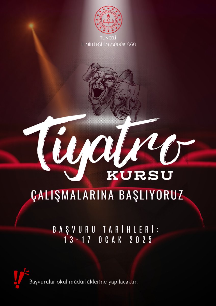 📢 Öğretmenlerimizin Dikkatine!👇 

Müdürlüğümüz koordinasyonunda öğretmen tiyatro topluluğu oluşturulacaktır. Öğretmenlerimizi bekliyoruz. 🎭🎭 

<a href="/tcmeb/">Millî Eğitim Bakanlığı</a> <a href="/Yusuf__Tekin/">Yusuf Tekin</a> <a href="/cftcblnt/">Bülent ÇİFTCİ</a>
@oygmmeb <a href="/CevdetVural40/">Cevdet Vural</a>
 <a href="/TunceliValiligi/">T.C.Tunceli Valiliği</a> <a href="/TekbBulent/">Bülent TEKBIYIKOĞLU</a>