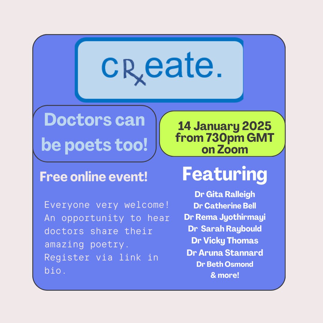 crxeate's tweet photo. Our inaugural poetry event is tomorrow night!
Please sign up via https://t.co/zrNNmy2dzL
Everyone is welcome, medics and non medics too! Please share! https://t.co/eWvyqyGX4w