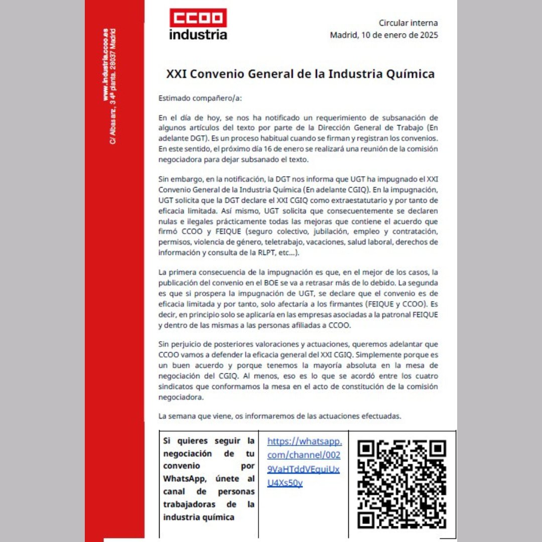 😱 La DGT ha informado que UGT ha impugnado el convenio, lo que invalidaría muchas de las mejoras acordadas.
💪 CCOO defenderá la eficacia general del convenio.
<a href="/CCOO/">Comisiones Obreras</a> <a href="/Industria_CCOO/">CCOO de Industria #PactoIndustriaYA</a> <a href="/ccoocatalunya/">CCOO de Catalunya</a> <a href="/FICCOOCat/">CCOO Indústria Catalunya</a> <a href="/Industvormaros/">CCOO Indust Vormaros</a> <a href="/ccoovormaros/">CCOO VORMAROS | ☎️933 100 000 💻consulta.ccoo.cat</a> <a href="/CCOORM/">CCOO Región Murcia</a> <a href="/CCOOINDUSTRIARM/">CCOO INDUSTRIA REGION MURCIA</a> <a href="/CCOOeuskadi/">CCOO de Euskadi</a>