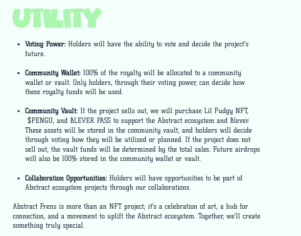 H0ogie's tweet photo. GM GM FRENS!

I heard you like the DAO meta, I heard you like Abstract ✳️

You definitely want to hear about @Abstract_Frens because they are the first DAO in the Abstract Ecosystem controlled by the community 🌐

Cool thing is, they are already delivering value before the NFT is even minted?!

I summed up all the relevant info you need to know so you don't need to research yourself 🫶 Let's dive in 👇

✳️ Abstract Frens is a DAO-driven NFT project that focuses on art, community and the Abstract blockchain. It is built to bring people together and give them the power to shape the project through voting. With Abstract Frens, the holders are in charge, creating a community that values connection, creativity, and shared success 🫂

✳️ What makes Abstract Frens different is its focus on the community and its DAO structure. Holders have real voting power to decide the future of the project. It’s not just about art; it’s about building a space for artists, collectors, and enthusiasts to grow together. On top of that, Abstract Frens actively supports the Abstract blockchain ecosystem, making it unique.

✳️ The utilities of Abstract Frens are designed to give real value to holders. The community wallet is funded by royalties and is managed by the DAO, allowing holders to decide how it’s used. The community vault stores valuable assets like NFTs and tokens, which are also controlled by holder votes. Future airdrops will be dedicated to the community, ensuring that every decision benefits the holders.

✳️ Abstract Frens is all about building partnerships and connections. It collaborates with other projects within the Abstract ecosystem to bring more value to its holders. The goal is to create opportunities, foster innovation, and help the community grow. It’s not just an NFT project; it’s a platform for people to connect and build something meaningful.

✳️ Abstract Frens recently partnered with Kabu for their upcoming NFT mint, which will be added to the community vault. This vault is fully managed by the community, giving holders control over its use. There is also speculation about partnerships with Moonsheepverse and MelancholyJimmy for similar reasons, focusing on utility. Even before its own NFT collection is released, Abstract Frens is already providing value through collaborations and building utility for its holders.

Heard enough to become interested? Drop them a follow to stay up to date, much more to come .... 👀