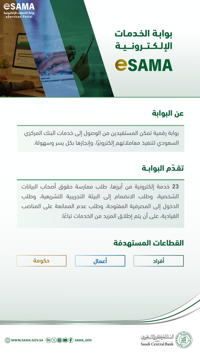 SAMA_GOV's tweet photo. #البنك_المركزي_السعودي "ساما" يدشن بوابة الخدمات الإلكترونية "eSAMA"..
تعرّف عليها، وأنجز خدماتك إلكترونيًا.

#SAMA https://t.co/75gkmMyEE3
