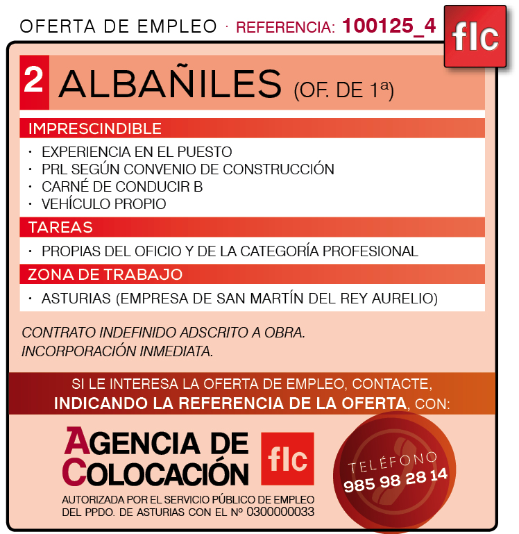 FLC_asturias (@flc_asturias) on Twitter photo Oferta de empleo (Ref.: 100125_4)
2 ALBAÑILES (of. de 1ª)
comunicacion.flc.es/100125_4
#flc #flcasturias #construccion #construccionasturias #mundoflc #empleo #empleoflc #empleoasturias #empleoconstruccion #agenciadecolocacionflc Oferta de empleo (Ref.: 100125_4)
2 ALBAÑILES (of. de 1ª)
comunicacion.flc.es/100125_4
#flc #flcasturias #construccion #construccionasturias #mundoflc #empleo #empleoflc #empleoasturias #empleoconstruccion #agenciadecolocacionflc