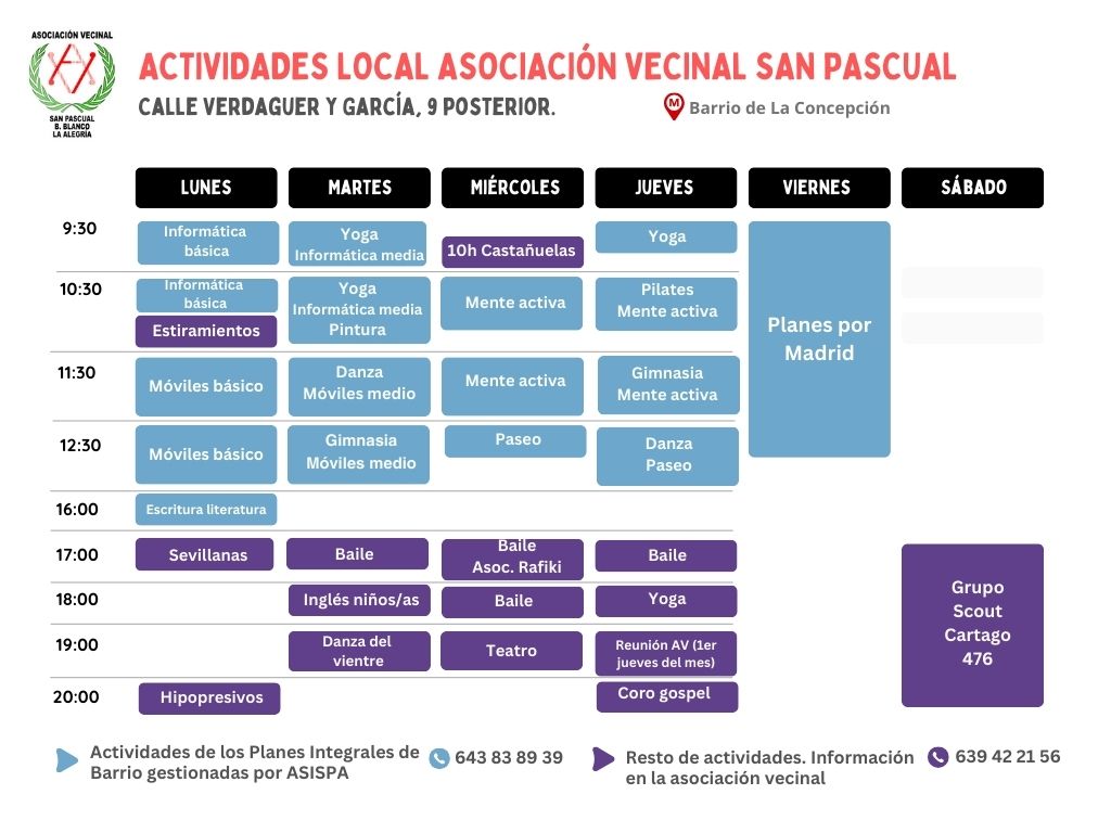Feliz lunes y feliz semana.

Te recordamos las actividades que se desarrollan en nuestro local. Estamos en la calle Verdaguer y García 9, posterior. Entrada por el patio interbloque. 

Si quieres hacerte socio puedes encontrarnos los jueves desde las 18:00.

#JuntasHacemosBarrio