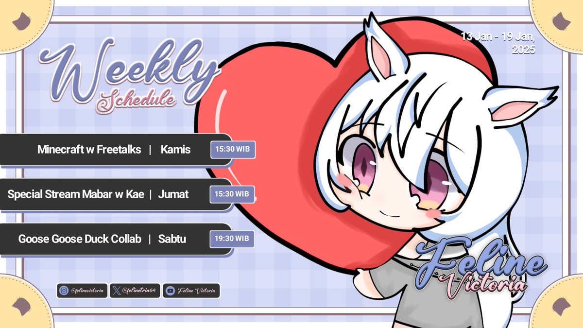 felinetria54's tweet photo. Yuhuuu~

Weekly schedule tanggal 13 Januari 2025 - 19 Januari 2025 yaw😺! 

#vtuber  #vtuberindonesia #schedule https://t.co/L8aSVxxfel