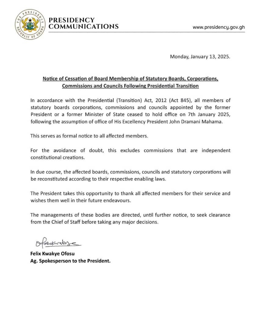 Notice of Cessation of Board Membership of Statutory Boards, Corporations,
Commissions and Councils Following Presidential Transition