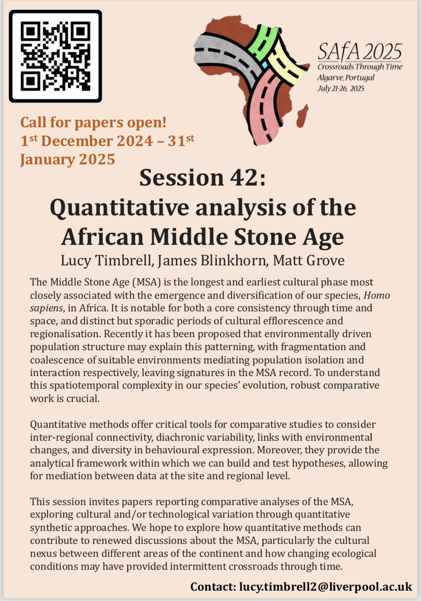 Dr Lucy Timbrell (@lucytimbrell96) on Twitter photo The call for papers for <a href="/SAfAarchaeology/">Society of Africanist Archaeologists (SAfA)</a> at <a href="/ICArEHB/">ICArEHB</a> 21-26th July 2025 is still open!
We are accepting abstracts for Session 42: “Quantitative analysis of the African Middle Stone Age”
Information about submission can be found here: safa2025.icarehb.com/poster-and-ora… The call for papers for <a href="/SAfAarchaeology/">Society of Africanist Archaeologists (SAfA)</a> at <a href="/ICArEHB/">ICArEHB</a> 21-26th July 2025 is still open!
We are accepting abstracts for Session 42: “Quantitative analysis of the African Middle Stone Age”
Information about submission can be found here: safa2025.icarehb.com/poster-and-ora…