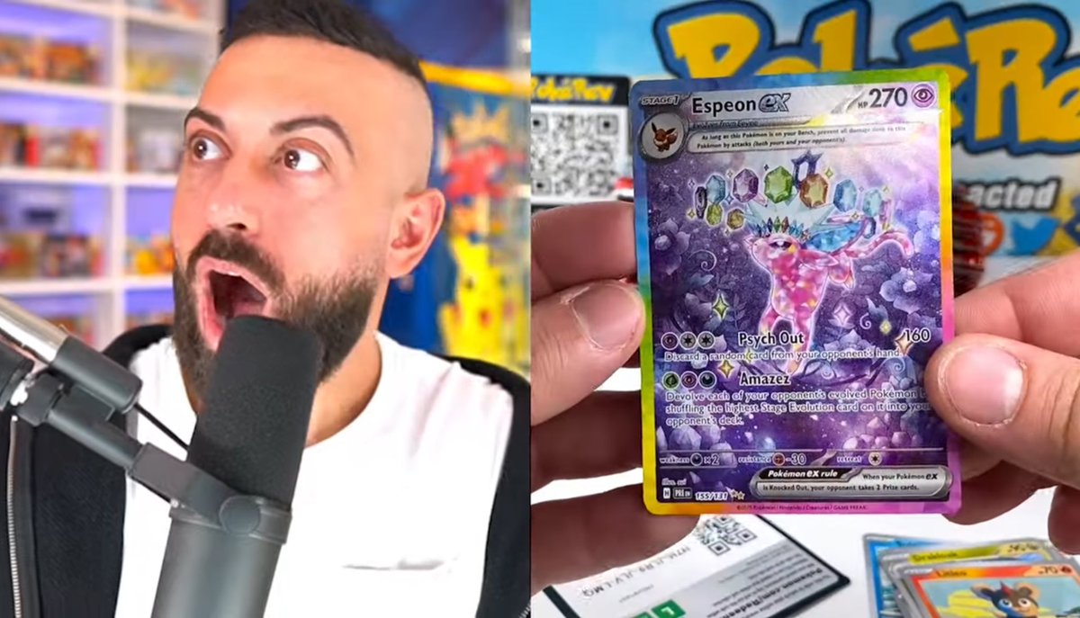 AlexHodges's tweet photo. Prismatic Evolutions Could Have Been Compromised Rant: 

This week I watched Pokemon content like I haven’t in a very long time. It started when I heard a live streamer opened 1,500 packs of Prismatic Evolutions and only pulled 2 Eevee/Eeveelution SIRs.

As of tonight, I’ve seen about 8k packs opened live and NGL it looks really bad. 

Let’s back up… 

English Pokémon has been trending in one direction since the beginning of S&V. Bigger sets, and more slots to pull cool cards from. It’s likely strategic so they can print more cards, sell more packs, without devaluing particular chases by seeding them too often and flooding the secondary market. 

Prismatic Evolutions as a product is as straight forward as it gets. A big set, based on an insanely popular Japanese counterpart, contains several cards fans want. Did I mention god packs, and master balls? 

Basically in terms of fan service PE is a nuke, soaked in gasoline, that just ate Chipotle sofritas with double beans, crusted in flaming hot Cheeto dust. 

It didn’t need to be tweaked ratio wise to be highly sought after by consumers. The Pokémon company knows that, so why is the seeding of nearly all Eeveelutions SIR so lopsidedly… Awful? 

Again folks, this is not simply S&V era “type beat” seeding. I know there’s 30+ SIRs, but even then, less desirable SIRs seem too few and far between.

Few possible scenarios: 

A. Pokémon turned the chase card seeding lever to 10 to see what would happen. They watched competitors like Bandai drop 1:9 case pulls, and figured this sets draw was so strong it was perfect to experiment on western markets with.

B. Similar to Fusion Strike, the printing facility was compromised, and these wave 1 products are going to be missing 1,000s of supposed to be seeded chase cards. L

C. Some of the live-streamers (not Rev obviously) were weighing and or metal detecting hit packs and pulling them off to the side so customers would never get the chance… 

Look I am a nerd but I am not the ultimate Pokemon expert on English modern cards even if I do open these daily. 

I am saying as a hobbyist, who sees this stuff a lot, something feels wrong. It feels like I am watching Weiss Schwarz or YuGiOh openings… This set doesn’t feel like Pokémon.

And the $15-$20 per pack before release trend? Yikes… 

Thoughts?