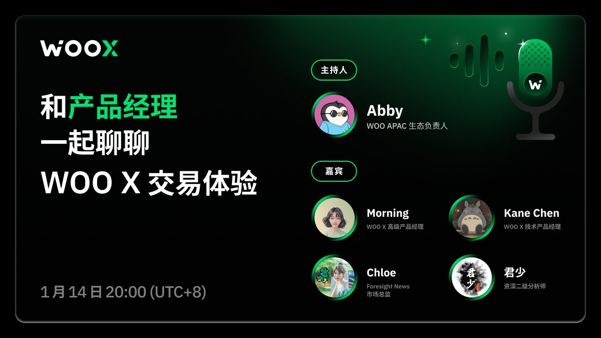 _WOO_ZH's tweet photo. 【#WOOSpace】和产品经理一起聊聊 WOO X 交易体验
⏰明晚 20:00 UTC+8
🎙️主持人:@Magicorn_
👄嘉宾:@morningkao @ZhaoChe84707873 @Chloeppan @JunShao_666
🎁参与有礼:
你在使用 WOO X 时交易体验如何?有哪些超棒的体验想和大家分享?或者有哪些想法想直接和产品经理反馈?欢迎在评论区留言并附上 WOO X UID 和邮箱。
我们将从评论区里选3位赠送100 WOO。
设置提醒:https://t.co/G2eq8vsIbE