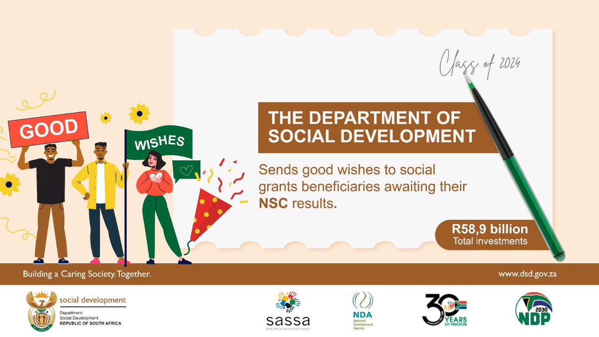 The_DSD's tweet photo. As we gear up for the NSC Results Countdown at MTN, we send our best wishes to the social grant beneficiaries eagerly awaiting their National Senior Certificate (NSC) results today!

These learners are a shining example of dedication and perseverance, and we are excited to support them as they embark on the next chapter of their journey.

Here’s to a future full of possibilities! 🌟@DBE_SA 

#DSDTopAchievers2024  #MatricResults #NSCExamResults #ClassOf2024