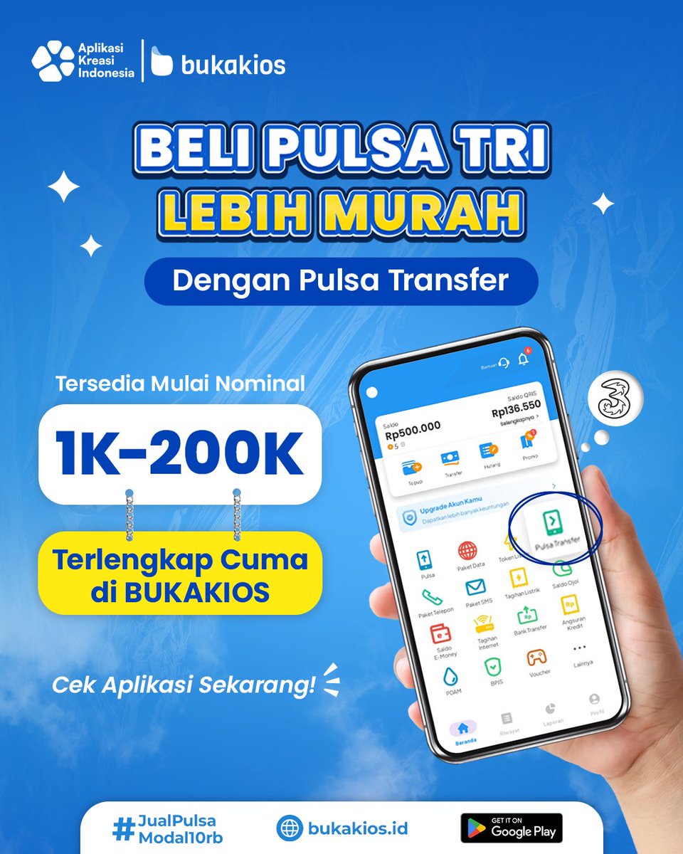 bukakiosnet's tweet image. Beli Pulsa TRI Lebih Murah dengan Pulsa Transfer 
Nominal lengkap, mulai dari 1K sampai 200K, semuanya ada! ✅
Lebih praktis, lebih murah, dan pastinya bikin kamu Lebih Hemat!

✨ Cek sekarang di aplikasi Bukakios!

#PulsaTri #PulsaTransfer #MitraBukakios #AplikasiKreasiIndonesia