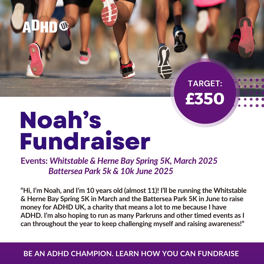 Huge shoutout to Noah! 👏

Noah is just 10 years old (almost 11!) and already making a big difference! He’s taking on an incredible challenge to raise £350 for ADHD UK, a charity close to his heart. So far, he’s raised £95—amazing work, Noah! 💪

He will be running the Whitstable