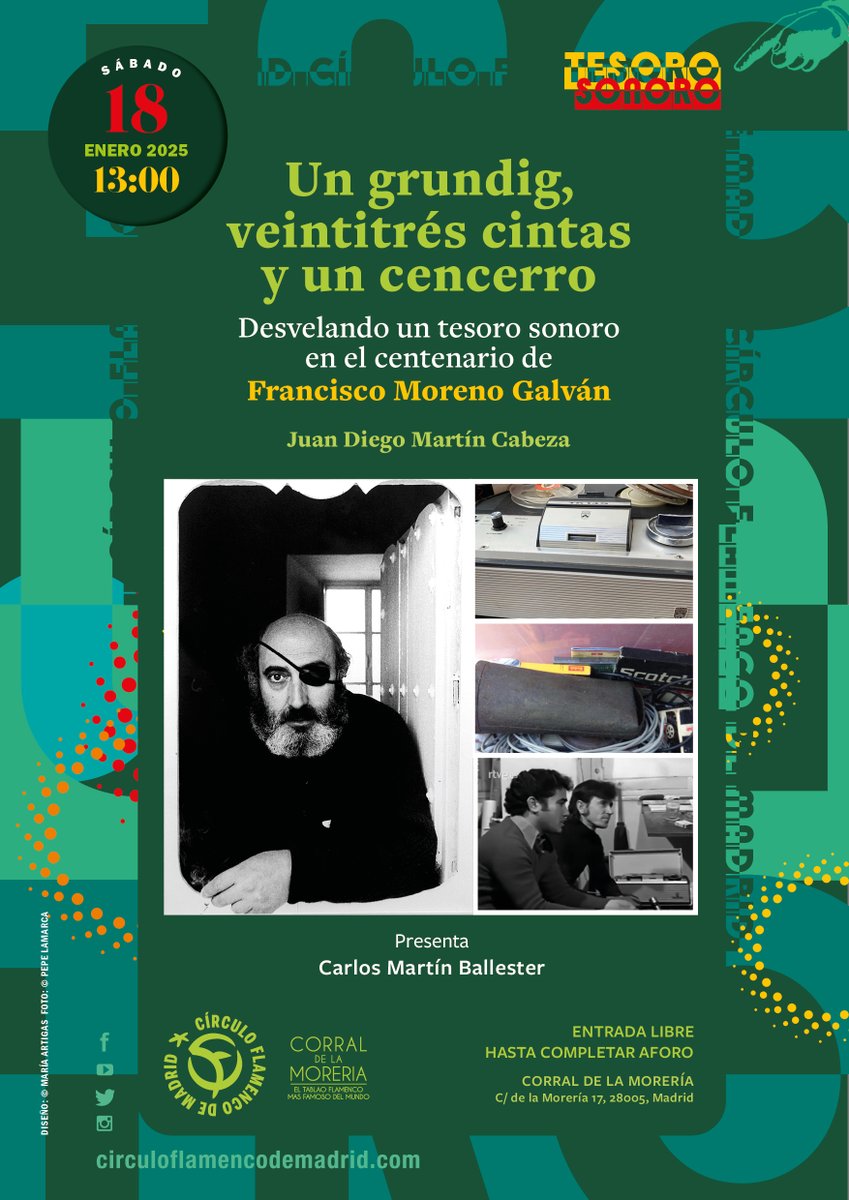 Círculo Flamenco de Madrid (@cirflamencomad) on Twitter photo 📅El próximo 18/1 PRESENTACIÓN DE 🎨🎛️ UN GRUNDIG, 23 CINTAS Y UN CENCERRO
📍Corral de la Morería / 13:00h
⭐️ Juan Diego Marín Cabeza + Carlos Martín Ballester
🎟 Entrada libre hasta completar aforo
|
<a href="/carlosmb1974/">Carlos Martín Ballester</a> <a href="/elflamencovive1/">El Flamenco Vive</a> <a href="/CorralMoreria/">Corral de la Morería</a> <a href="/deflamenco_com/">deflamenco</a> <a href="/guiaflama/">Guía Flama</a> 📅El próximo 18/1 PRESENTACIÓN DE 🎨🎛️ UN GRUNDIG, 23 CINTAS Y UN CENCERRO
📍Corral de la Morería / 13:00h
⭐️ Juan Diego Marín Cabeza + Carlos Martín Ballester
🎟 Entrada libre hasta completar aforo
|
<a href="/carlosmb1974/">Carlos Martín Ballester</a> <a href="/elflamencovive1/">El Flamenco Vive</a> <a href="/CorralMoreria/">Corral de la Morería</a> <a href="/deflamenco_com/">deflamenco</a> <a href="/guiaflama/">Guía Flama</a>
