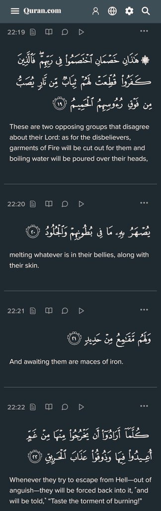 NotinToSee's tweet photo. No wonder you hate Islam if you think this is the message, but you're hating a strawman. This isn't Islam, these verses have been edited, the meaning changed and they are completely decontextualized. You should read the Qur'an for yourself. I'm sure you'll quickly realize those who fed you this image are heavily biased and they try to push an anti-islam rhetoric and sadly you fell for it. 

I could go one by one but I'll just take these two out of twelve in that pic because of how insane they spun them (check Alt for more). 

Surah Al-Anfal 8 :12
Claim
“Terrorize and behead those who believe in scriptures other than the Quran.”
Context: an order from God to angels 

Surah Al-Hajj 22 :19
Claim
“Punish the unbelievers with garments of fire, hooked iron rods, boiling water, melt their skin and bellies.”
Context: God punishing people in Hell (no Muslims involved) 

Actual Verses