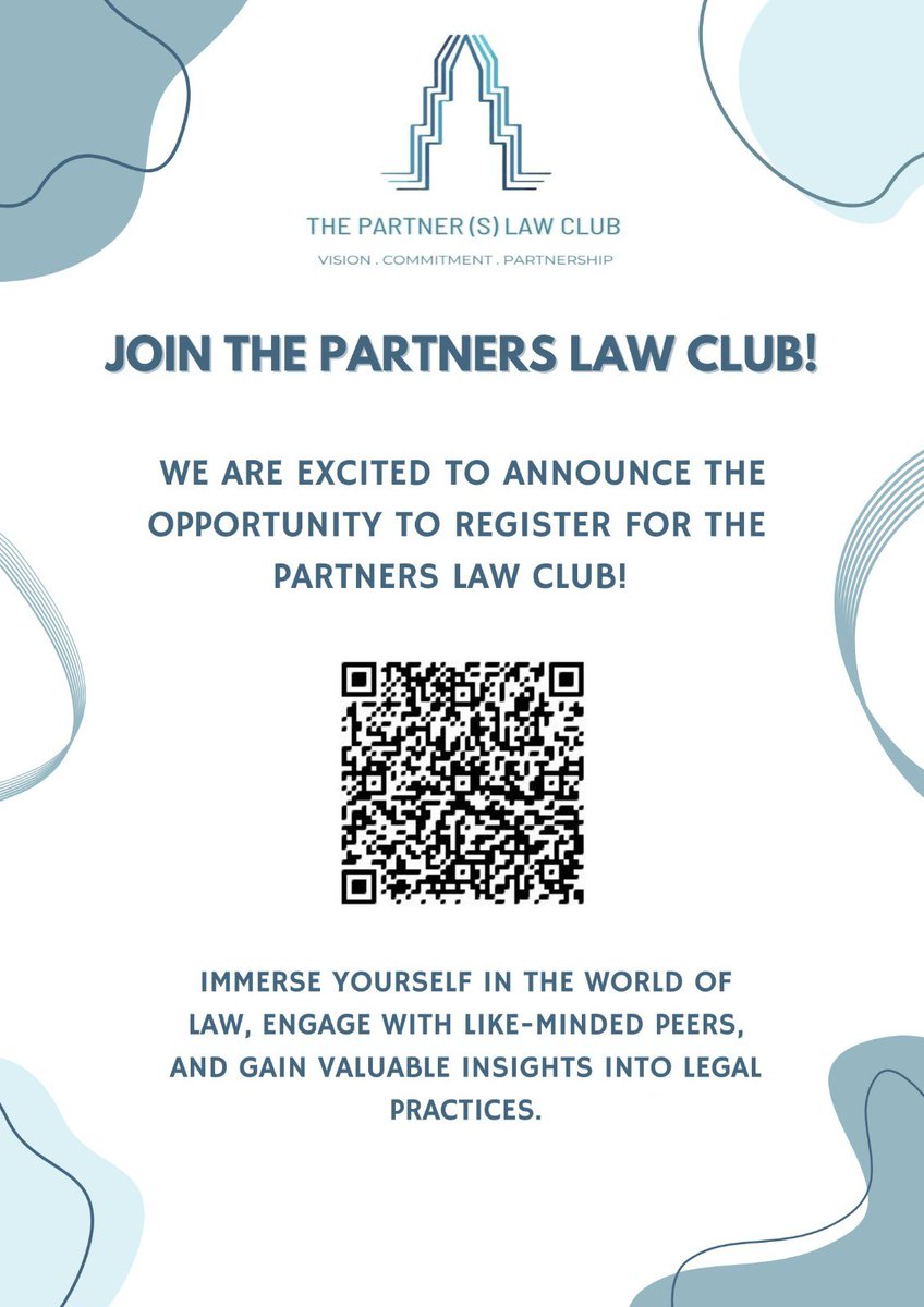 We are excited to announce the opportunity for students to register for the Partners Law Club! This is a fantastic chance to immerse yourself in the world of law, engage with like-minded peers, and gain valuable insights into legal practices! 

forms.gle/QZBQcRSf1xM6Rr…