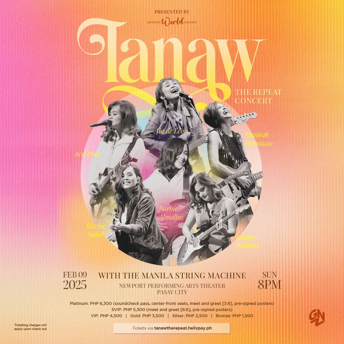 MEDIA WAVE 
 
Magbalik-tanaw with OPM rock icons!🤘 
 
Acel Bisa, <a href="/AiadeLeon/">Aia de Leon</a>, <a href="/barbiealmalbis/">Barbie Almalbis</a>, Hannah Romawac, <a href="/KitchieNadal/">Kitchie Nadal</a>, and <a href="/lougeeb/">LOUGEE BASABAS</a> will rock the stage once again for TANAW: The Repeat with <a href="/String_Machine/">ManilaStringMachine</a> on February 9, 2025 at Newport Performing Arts Theater, Pasay City.