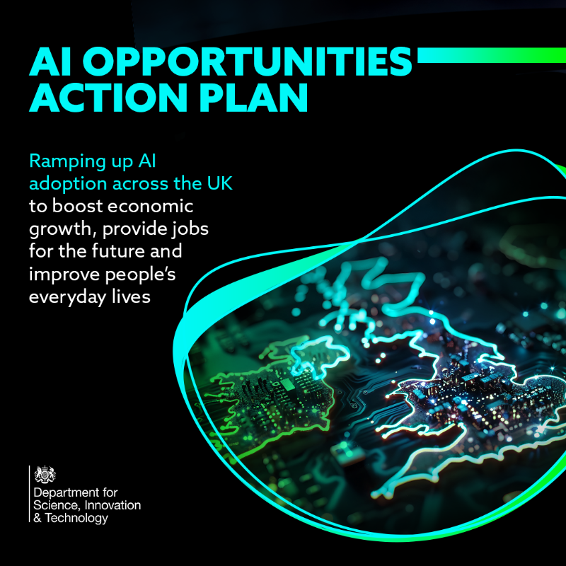SciTechgovuk's tweet photo. The benefits of AI will be unleashed across the UK under a new AI Opportunities Action Plan.
 
We’re taking forward 50 recommendations which will revolutionise public services and make the UK irresistible to AI firms looking to start or scale their business.
