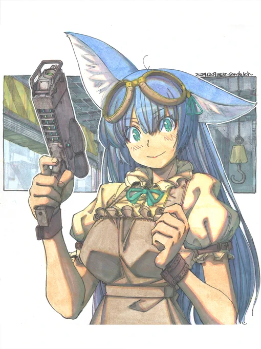 【アナログ2240:アーミテージさんの秘密工房】迎撃ウサギと何かしている。ほぼ唯一の青髪キャラ。デザインや色使いもかなり以前のテイストに近くて描きやすいです。#水彩 #原画 #狐娘 #色紙 