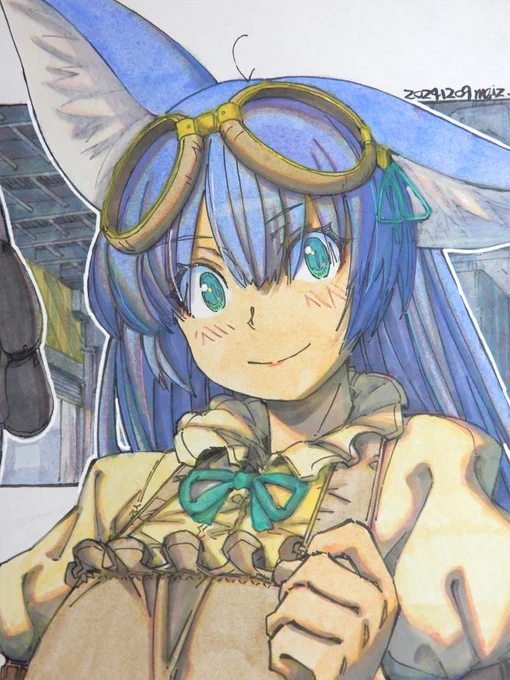 【アナログ2240:アーミテージさんの秘密工房】迎撃ウサギと何かしている。ほぼ唯一の青髪キャラ。デザインや色使いもかなり以前のテイストに近くて描きやすいです。#水彩 #原画 #狐娘 #色紙 