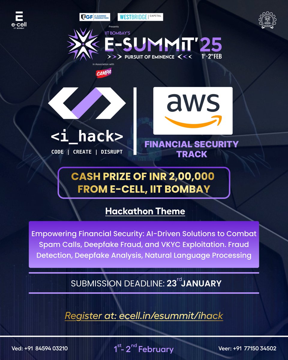 ecell_iitb's tweet photo. The i-Hack Financial Security Track is your chance to showcase develop innovative solutions, and address real-world financial challenges.
Check out the problem statement here: https://t.co/tKDOE8Kpcn
Register now via https://t.co/clEj5TXMTB
Submissions close on 23rd January 2025. https://t.co/QcyeeHP2jV