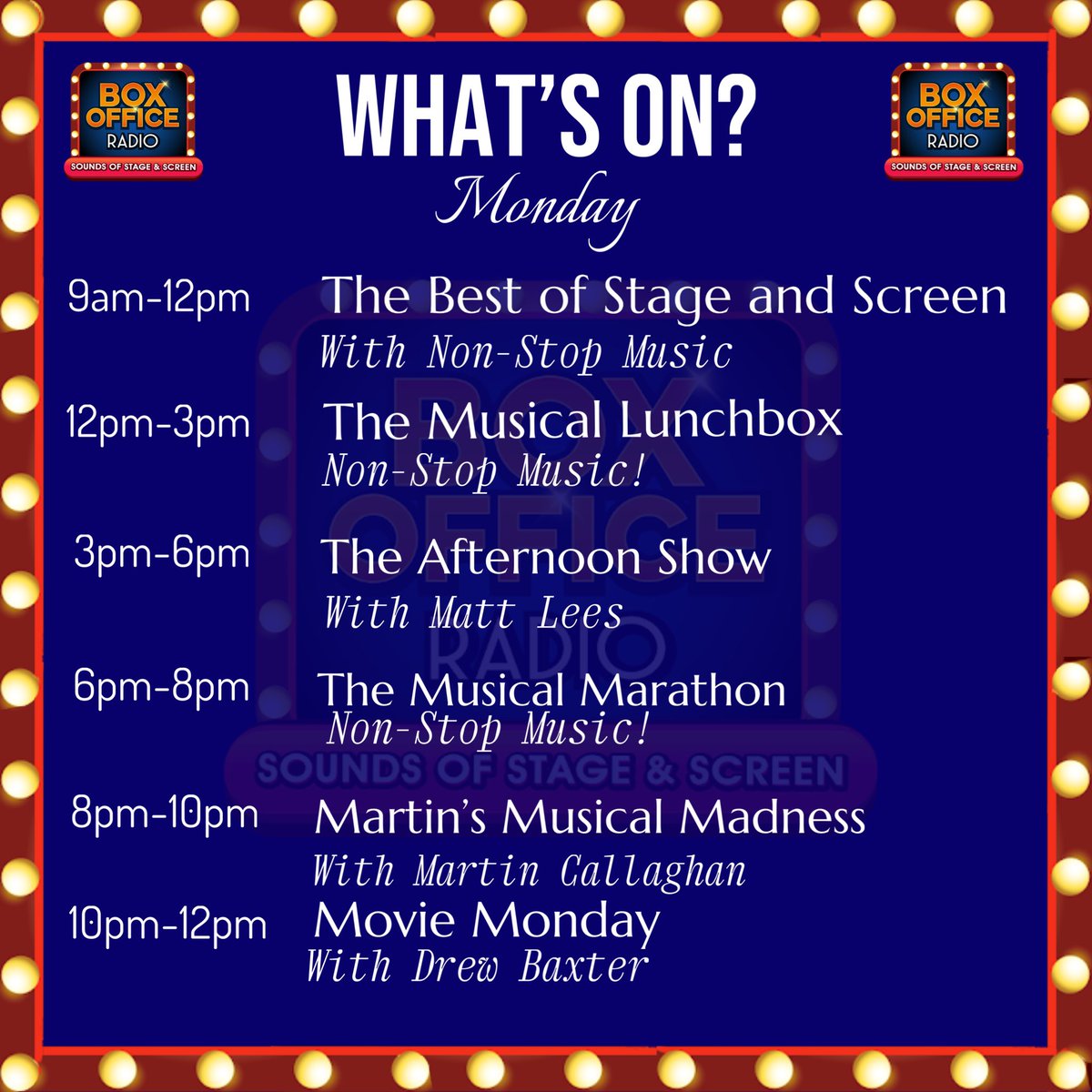 🎭TODAY ON BOX OFFICE RADIO🎭

Listen online, on smart speaker or via our FREE app 📱

boxofficeradio.co.uk