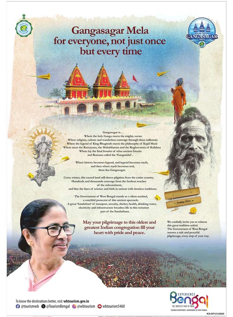 NilanjanDasAITC's tweet photo. I pay my respects & homage to all the pilgrims gathered at the #GangasagarMela.

The Government of West Bengal has taken special initiatives to facilitate a smooth & comfortable experience for the devotees. Modern amenities, including communication, healthcare, security, drinking water, rest houses & cultural arrangements have been meticulously arranged to ensure a hassle-free experience for all.

May the sacred waters of the Ganges bless & rejuvenate your spirit!