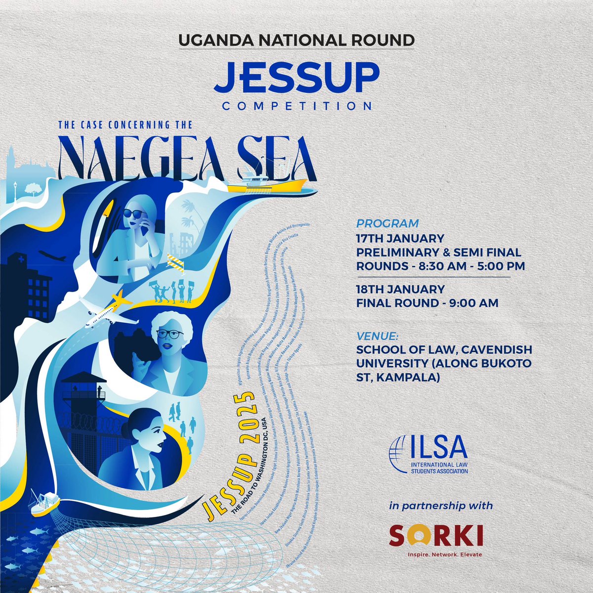 Who will represent Uganda at the #Jessup2025 International Rounds in Washington D.C., USA this year? Come witness 7 Ugandan Law Schools battle for the top spot. 

Date: 17th &amp; 18th January, 2025

📍School of Law <a href="/CavendishUg/">Cavendish University Uganda</a> 

With support from <a href="/SORKIinitiative/">SORKI Initiative</a>