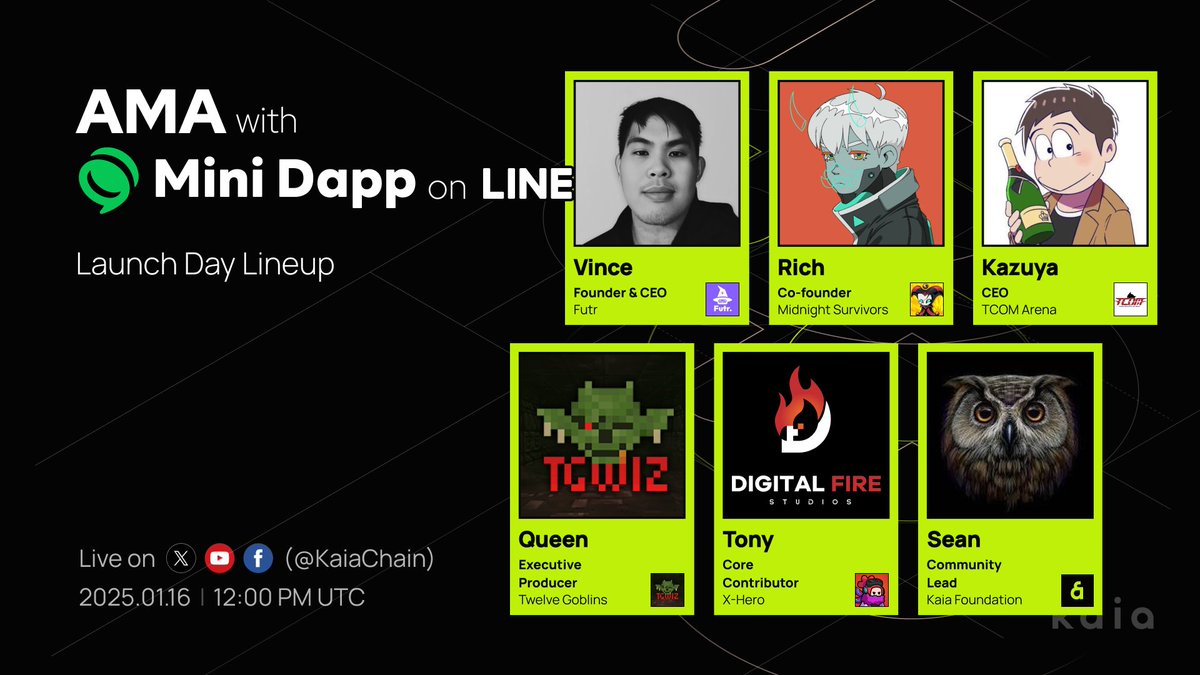 Kaia (@kaiachain) on Twitter photo You know launch is near when the AMAs start flooding in. The second panel AMA with Mini Dapps on LINE - Launch Day Lineup will go live on 16th Jan 2025, 12PM UTC. <a href="/dapp_portal/">Dapp Portal</a>
Our speaker lineup:
🌟 Vince from <a href="/Futrmarket/">Futr</a>
🌟 Rich (<a href="/richmirkie/">Rich Mirkie</a>) from <a href="/Survivors_gg/">Echo AI - Social Survivors</a>
🌟 Kazuya You know launch is near when the AMAs start flooding in. The second panel AMA with Mini Dapps on LINE - Launch Day Lineup will go live on 16th Jan 2025, 12PM UTC. <a href="/dapp_portal/">Dapp Portal</a>
Our speaker lineup:
🌟 Vince from <a href="/Futrmarket/">Futr</a>
🌟 Rich (<a href="/richmirkie/">Rich Mirkie</a>) from <a href="/Survivors_gg/">Echo AI - Social Survivors</a>
🌟 Kazuya