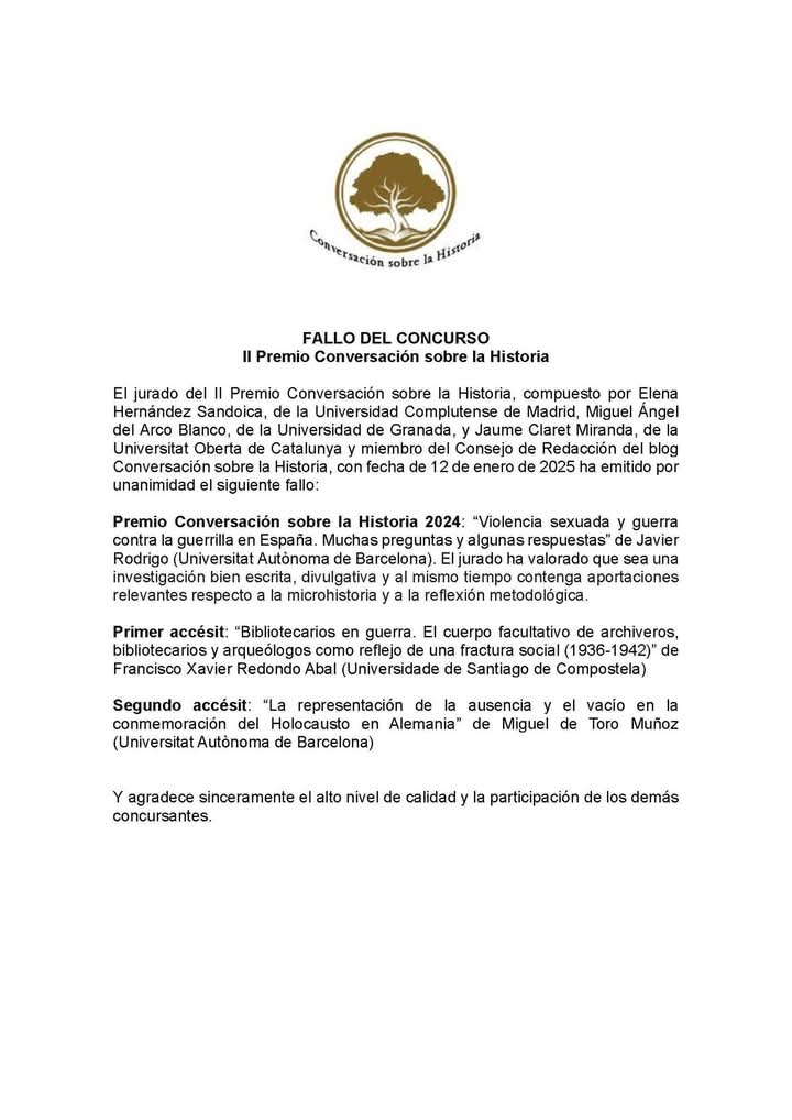 Fallo del concurso II Premio Conversación sobre la Historia para Javier Rodrigo (UAB)