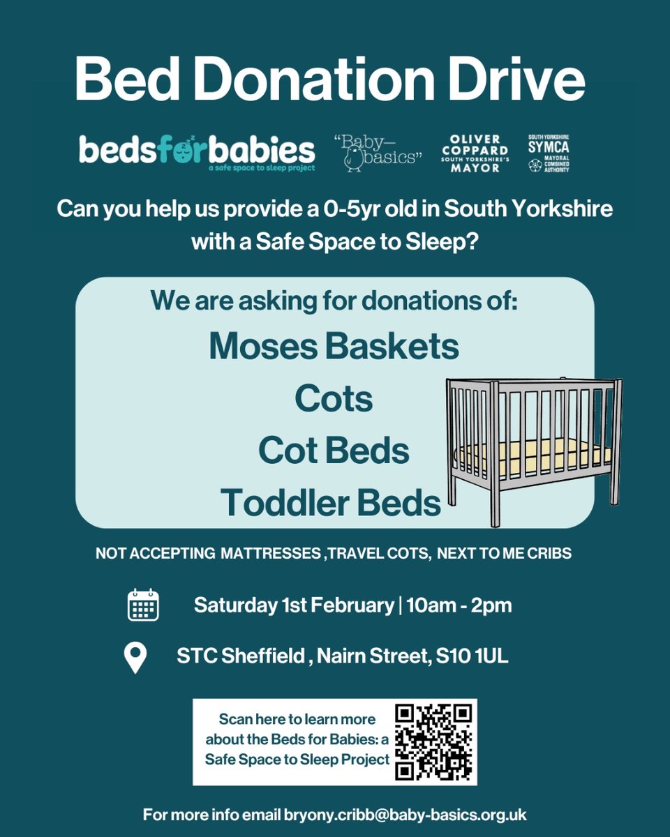 Baby Basics (@babybasicsuk) on Twitter photo šļøDonate your no longer needed beds to help families in South Yorkshire on Saturday 1st February
āØDrop off your beds between 10am-2pm, and we'll handle the rest!
š«NOT accepting mattresses, travel cots or next to me cribs
<a href="/SouthYorksMCA/">South Yorkshire Mayoral Combined Authority</a>
#SafeSpaceToSleep šļøDonate your no longer needed beds to help families in South Yorkshire on Saturday 1st February
āØDrop off your beds between 10am-2pm, and we'll handle the rest!
š«NOT accepting mattresses, travel cots or next to me cribs
<a href="/SouthYorksMCA/">South Yorkshire Mayoral Combined Authority</a>
#SafeSpaceToSleep